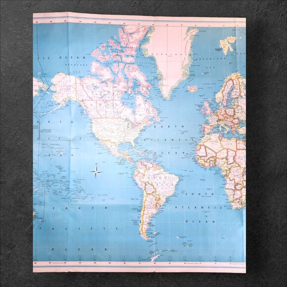 Vintage 1950s Hammond International World Map Bright Colors Wall Decor